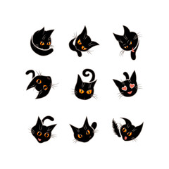 Cute and funny black cat heads emoticons set. Cartoon kitten characters design collection. Pet animals stickers isolated on white background.