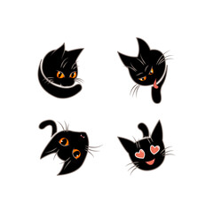 Collection of cute black cats heads in different poses and emotions: lovely, washing, licking, hiding. Set of pet animals icons. Stickers design.