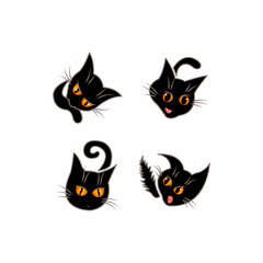 Collection of cute black cats heads in different poses and emotions: happy, watching, licking, scared. Set of pet animals icons. Stickers design. Flat cartoon illustration.