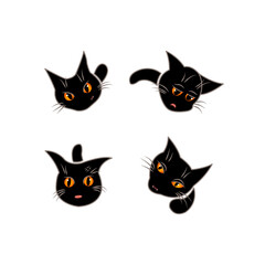 Cute and funny black cat heads emoticons set. Cartoon kitten characters design collection. Pet stickers isolated on white background. Flat cartoon illustration.