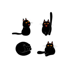 Cute and funny black cats set in different poses and emotions. Cartoon kitten characters design collection. Purebred pet animals isolated on white background. Stickers.