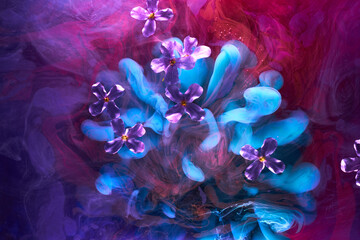 Fototapeta na wymiar Abstract purple pink background with flowers and paints in water. Backdrop for perfume, cosmetic products