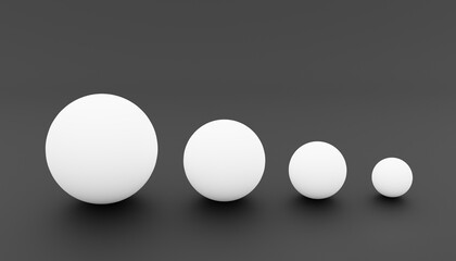 3d-rendering of four white balls with different sizes in a row in front of a black background