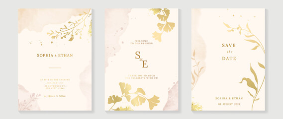 Luxury botanical wedding invitation card template. Watercolor card with gold brush, floral, foliage, wildflower, in hand drawn. Elegant blossom vector design suitable for banner, cover, invitation.