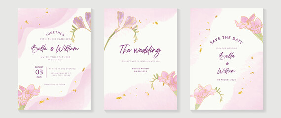 Luxury botanical wedding invitation card template. Watercolor card with gold brush, floral, foliage, flower in hand drawn. Elegant blossom vector design suitable for banner, cover, invitation. 