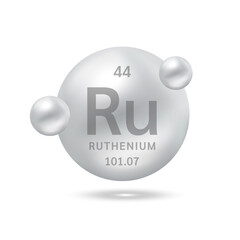 Ruthenium molecule models silver and chemical formulas scientific element. Ecology and biochemistry concept. Isolated spheres on white background. 3D Vector Illustration.