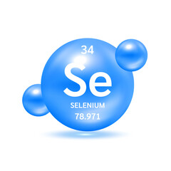 Selenium molecule models blue and chemical formulas scientific element. Ecology and biochemistry concept. Isolated spheres on white background. 3D Vector Illustration.