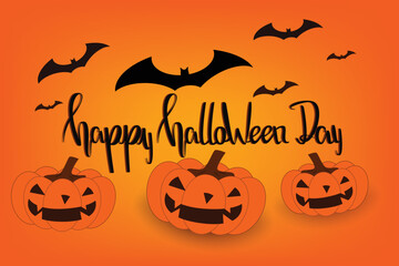 Happy Halloween lettering with bats and pumpkin. Festive title for greeting card, invitation, party, poster, banner,