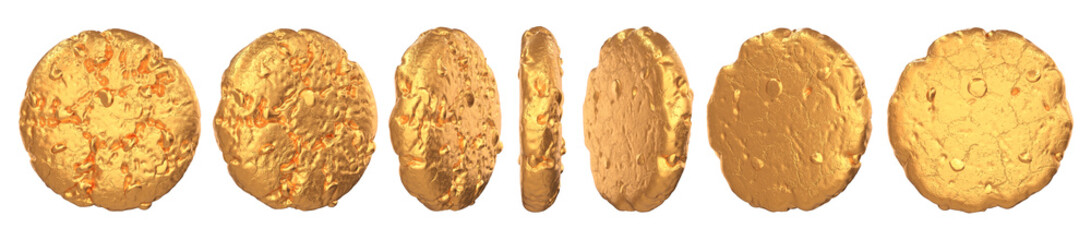 Collection rotation golden cookies with chocolate chips on a white background, 3d render