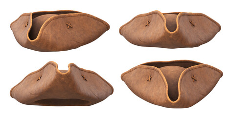 Fototapeta premium Collection of leather brown pirate hats, 3d render