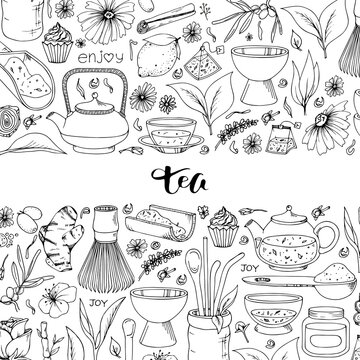 Doodle style illustration. Organic tea matcha powder, tea leaves tools for Japanese tea ceremony. Vector sketch background
