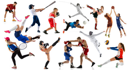 Sport collage of professional athletes or players on white background, flyer. Concept of motion,...