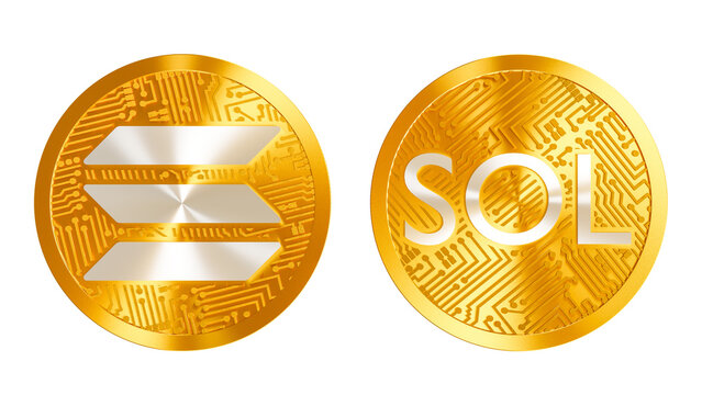 solana token, sol sign and logo on golden coin with transparent background, 3d rendering of cryptocurrency