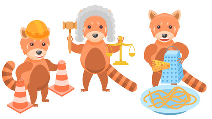Set Abstract Collection Flat Cartoon Different Animal Red Pandas Laying Out Traffic Cones, Judge With Scales And Gavel, Grating Cheese On A Plate Vector Design Style Elements Fauna Wild