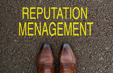 Top View of Business brown Shoes on the road with the text: reputation menagement