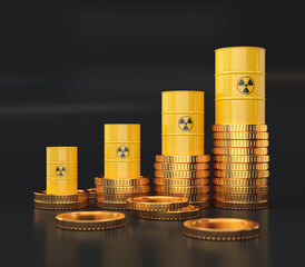 Yellow radioactive barrels and stacks of gold coins, growth concept, 3d render