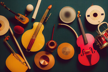 A captivating array of colorful musical instruments arranged on a dark background, perfect for music education and cultural event promotions