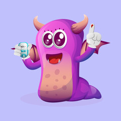 Cute purple monster holding a blood glucose meter