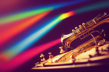 Golden Trumpet Detail with Intricate Design, Set Against Mesmerizing Rainbow Streaks. Perfect for Music-Themed Projects, Events & Jazz Enthusiasts. A Symphony of Colors. generative ai