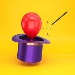 Magic hat with a wand and an inflatable balloon floating on a yellow background, 3d render