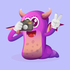 Cute purple monster taking photo with camera
