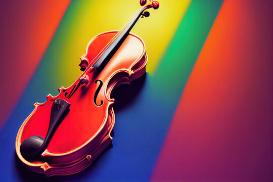 Vibrant Melody: A luminous violin set against a rainbow gradient backdrop. Perfect for music lovers, orchestral themes, and creative projects. Striking visual!, generative ai 