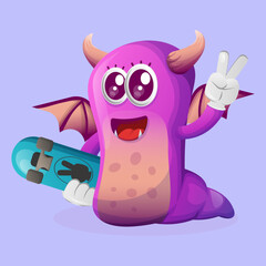 Cute purple monster carrying a skateboard