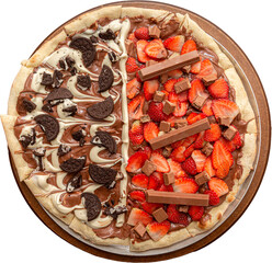 Sweet pizza with chocolate and strawberry. Top view. PNG