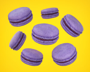 Flying purple macaroons on a yellow background, 3d render