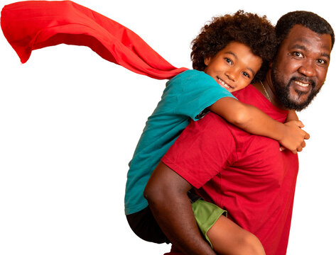 African Father and Son playing Superhero at the day time. People having fun transparent background. Concept of friendly family. PNG
