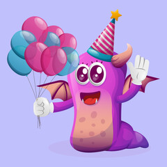 Cute purple monster wearing a birthday hat, holding balloons