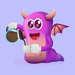 Cute purple monster drinking coffee, coffee time