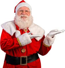 Santa Claus on transparent background. Presenting or pointing product or logo. PNG © Nexa