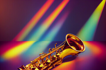 Saxophone Silhouette: Lustrous brass instrument bathed in prismatic light beams, symbolizing rhythm and melody. Ideal for musical themes, banners, & designs ai 