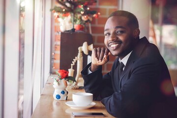 African businessman in a suit is happily drinking coffee during Christmas and New Year's Eve.Concept of business and relax time