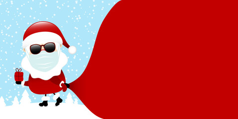 Weihnachtsmann Maske Mit Sonnenbrille Zieht Sack Vorwärts Wald Blau Dunkelrot