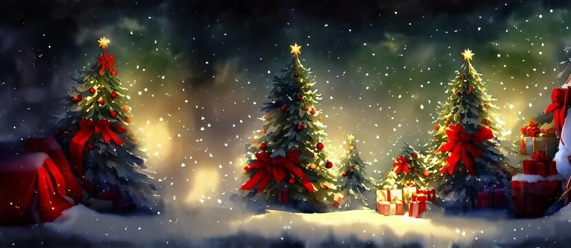 Christmas Trees With Presents In The Snow, Breathtaking Winter View Background Backdrop Wallpaper. Digital Cg Artwork.