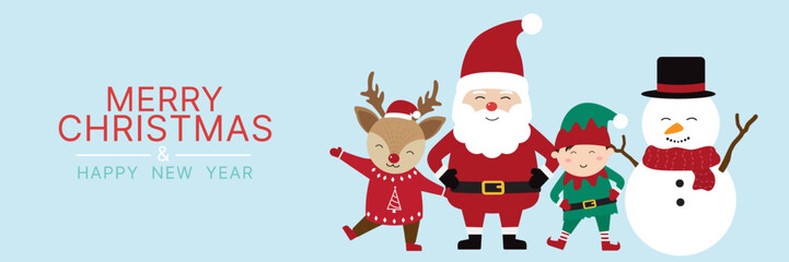 Santa Claus, elf, snowman and reindeer wearing christmas costumes on blue background. Cartoon character for holiday. Merry christmas and happy new year