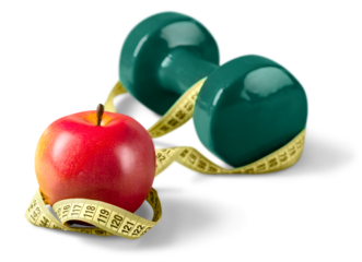 Dumbbell, apple and tape measure isolated on white