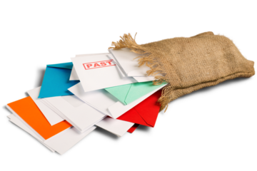 Many envelopes ans sack on white background