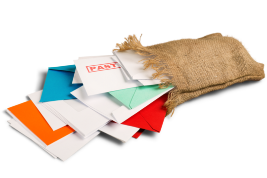 Many envelopes ans sack on white background