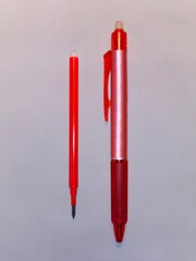 A pencil, a red pen, a spare refill placed next to it