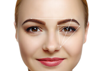 Closeup beauty portrait of a woman with geometric lines for eyebrows shape correction