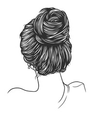 Head and shoulder back view of young woman with messy bun - vector line art illustration