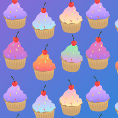 Gradient cupcakes with sprinkles vector seamless pattern, food, pastry, sweets, frosting, cherry, baking, pastel, blue, purple, white, for print, background, wallpaper, textile, stationery, design
