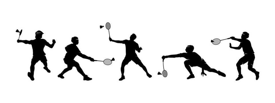 Collection silhouette of people playing badminton