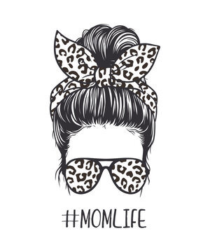 Black and white vector illustration of woman messy bun hairstyle, wearing leopard-patterned glasses and ribbon