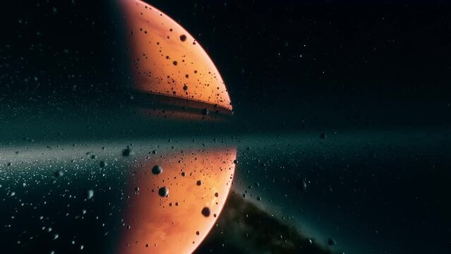 3D animated alien exoplanet with rings of asteroids and with a red surface