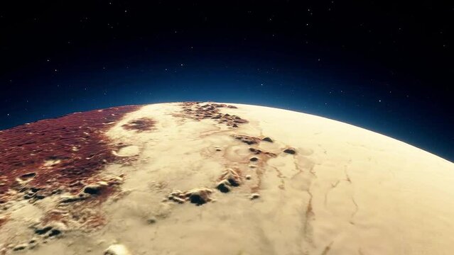 3D animated Pluto surface with a mountain area named sputnik planitia with a red surface
