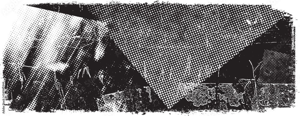Poster Glitch distorted overlay texture . Noise destroyed banner . Trendy glitched shapes . Transparent layer .Grunge textured . Distressed effect .Vector shapes with a halftone dots screen print texture.